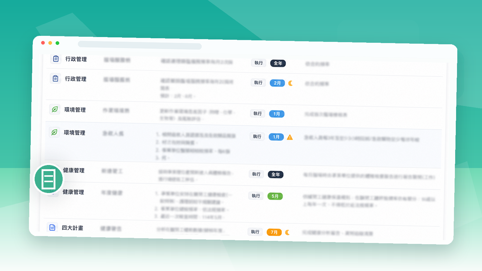宸護年度健康服務報告畫面，顯示執行項目、完成狀態、訪談紀錄與服務報告